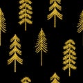 Seamless pattern Christmas trees gold silhouettes glitter vector illustration Royalty Free Stock Photo